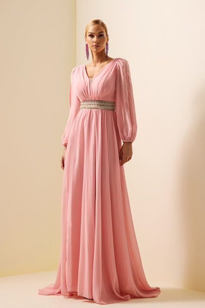 Solid Rhinestone Lantern Sleeve Maxi Dress