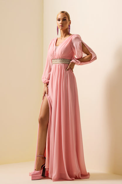 Solid Rhinestone Lantern Sleeve Maxi Dress