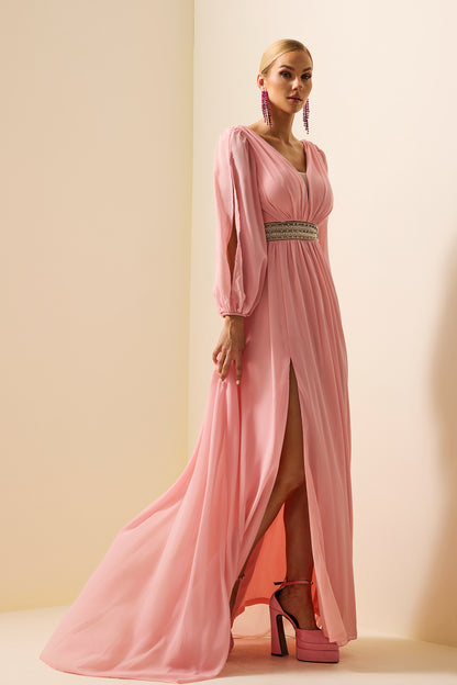 Solid Rhinestone Lantern Sleeve Maxi Dress