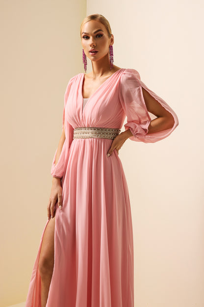 Solid Rhinestone Lantern Sleeve Maxi Dress