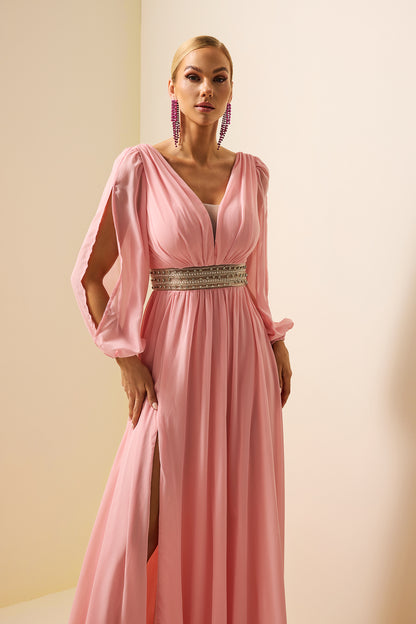 Solid Rhinestone Lantern Sleeve Maxi Dress