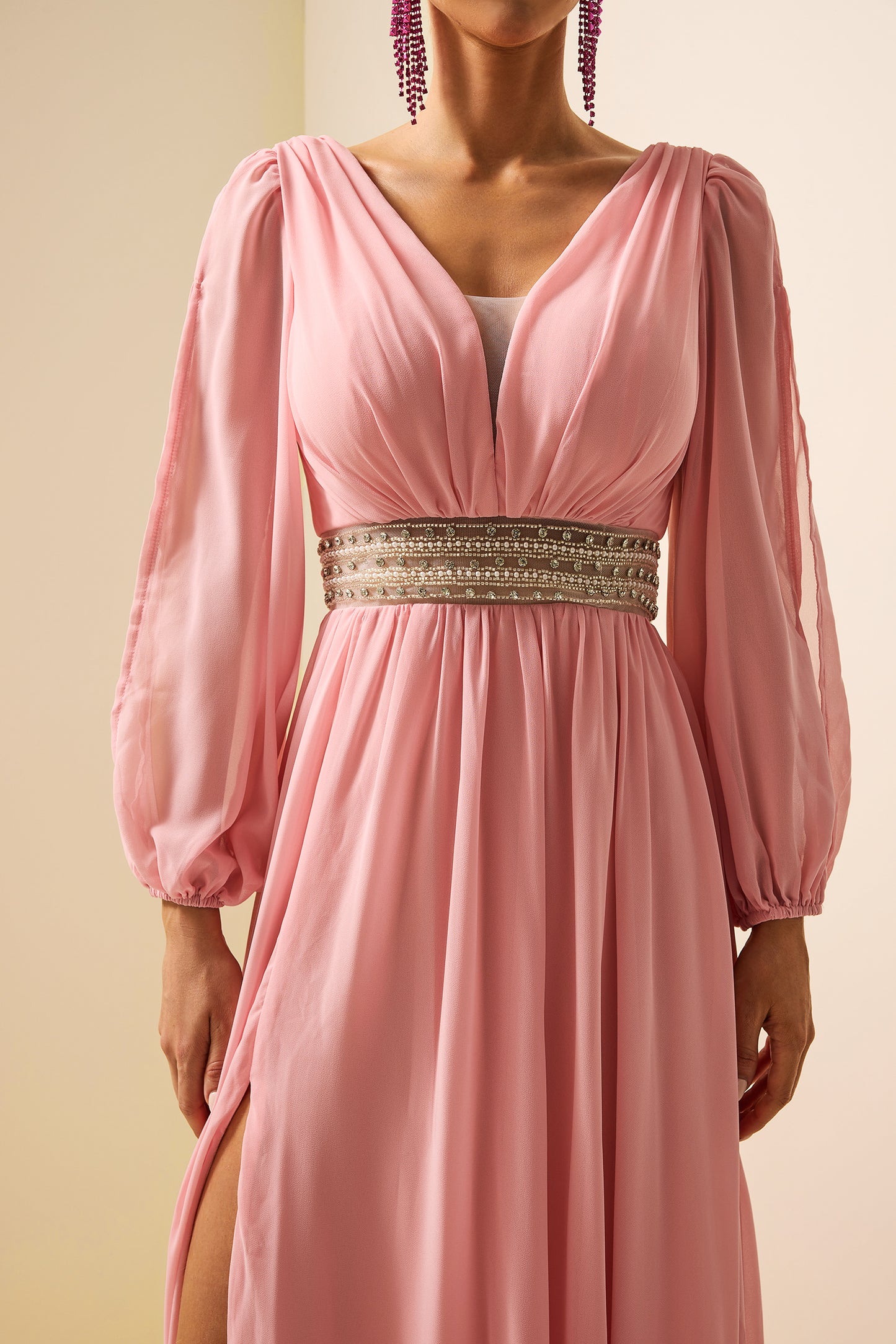 Solid Rhinestone Lantern Sleeve Maxi Dress