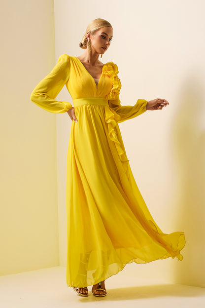 Solid Lantern Sleeve Frill Maxi Dress
