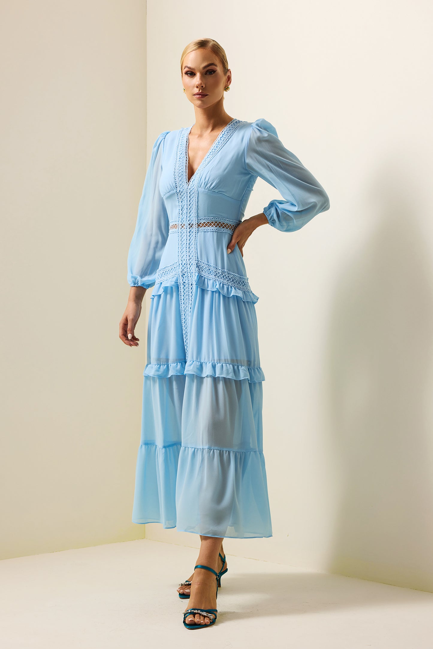 Solid Lace V-Neck Frill Midi Dress Blue