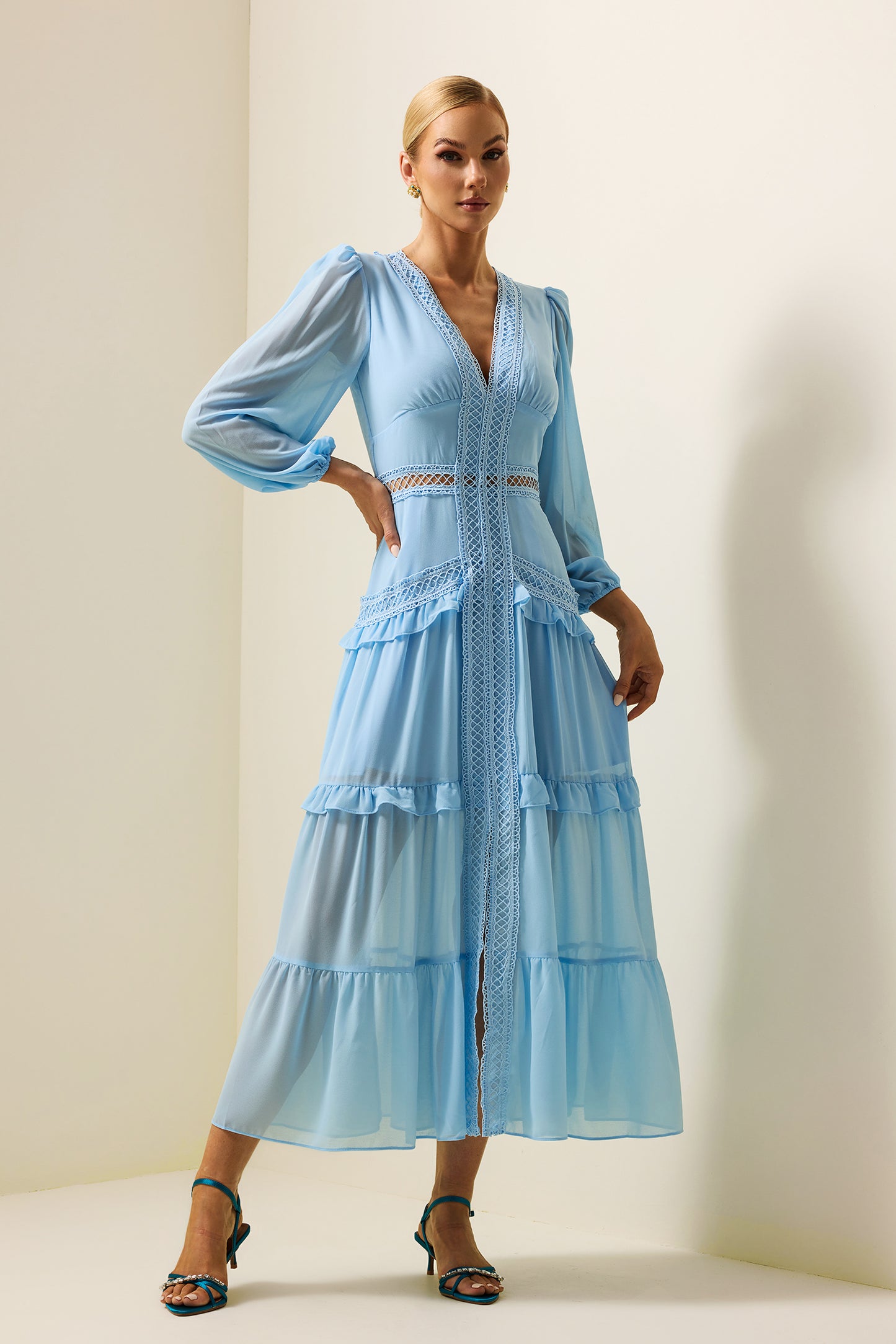 Solid Lace V-Neck Frill Midi Dress Blue