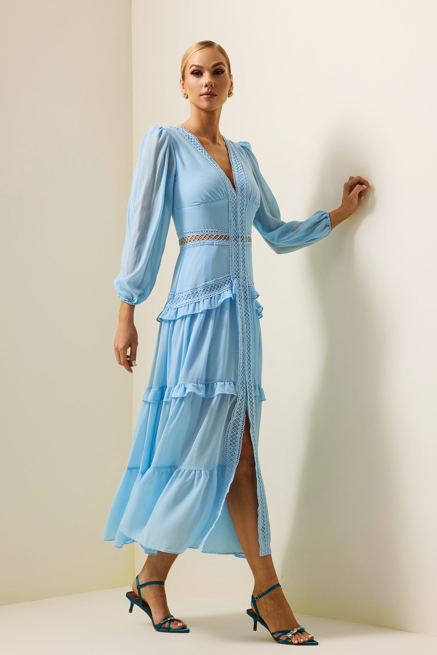 Solid Lace V-Neck Frill Midi Dress Blue