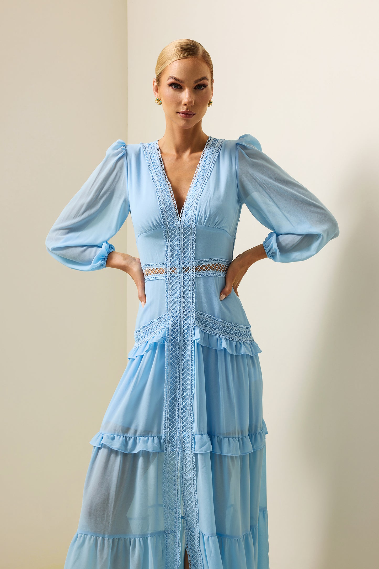 Solid Lace V-Neck Frill Midi Dress Blue