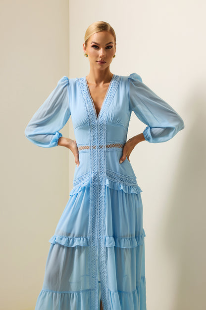 Solid Lace V-Neck Frill Midi Dress Blue