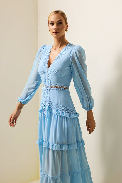 Solid Lace V-Neck Frill Midi Dress Blue