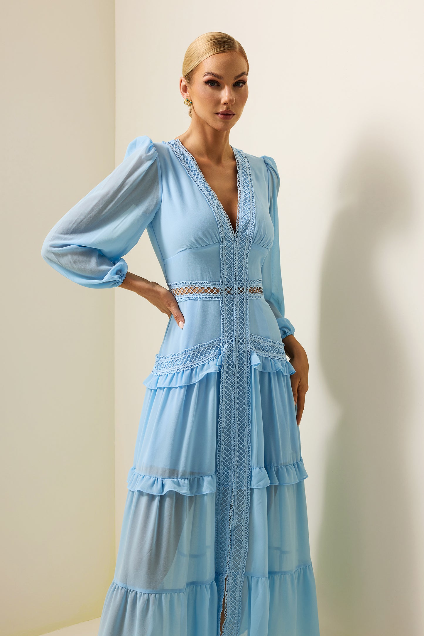 Solid Lace V-Neck Frill Midi Dress Blue