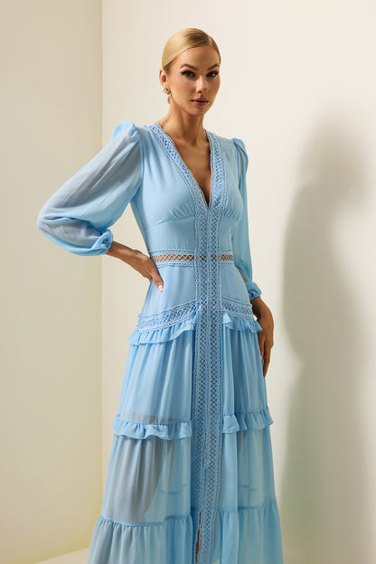 Solid Lace V-Neck Frill Midi Dress Blue