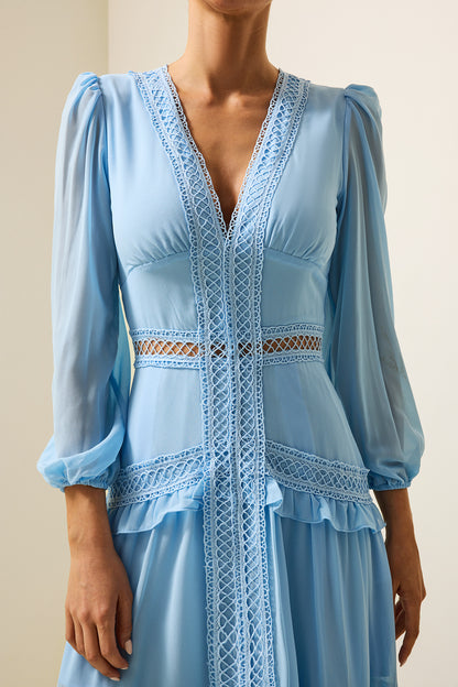 Solid Lace V-Neck Frill Midi Dress Blue