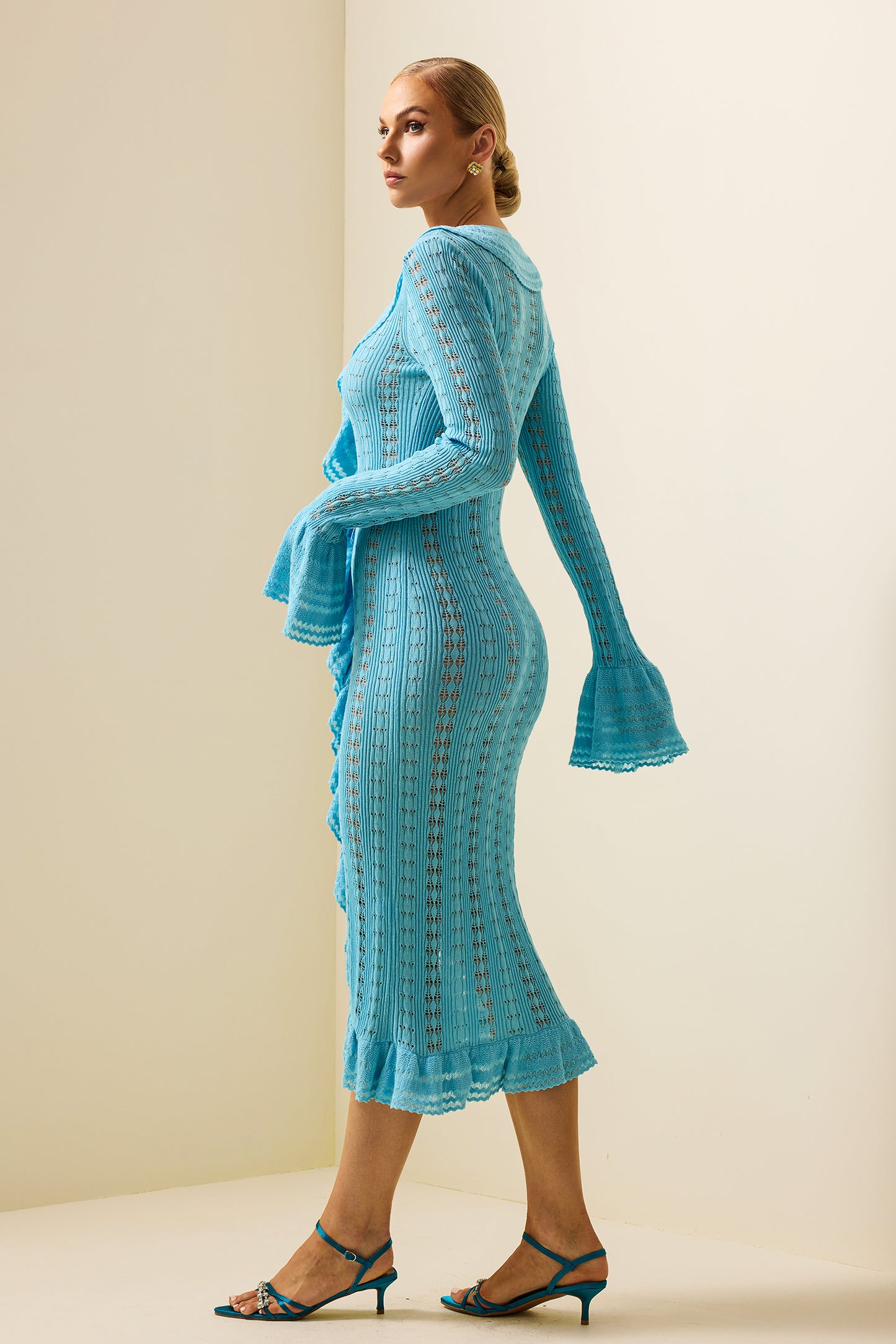 Knit Solid Frill Long Sleeve Midi Dress