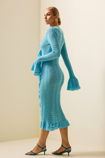Knit Solid Frill Long Sleeve Midi Dress