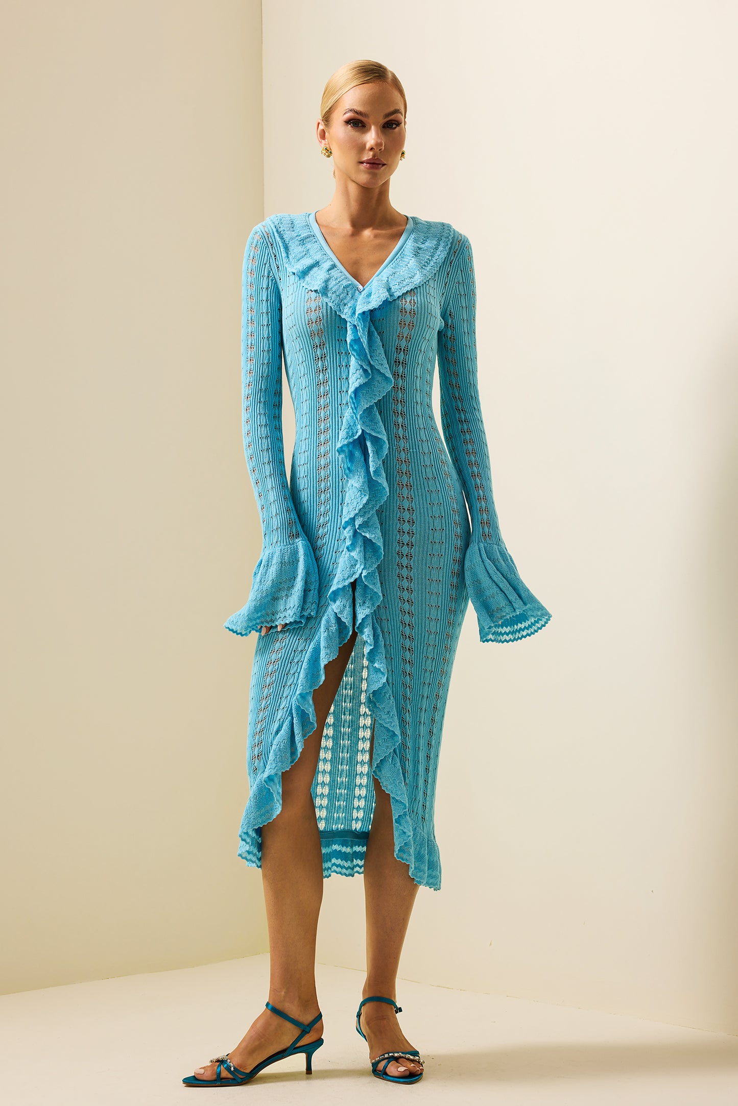 Knit Solid Frill Long Sleeve Midi Dress