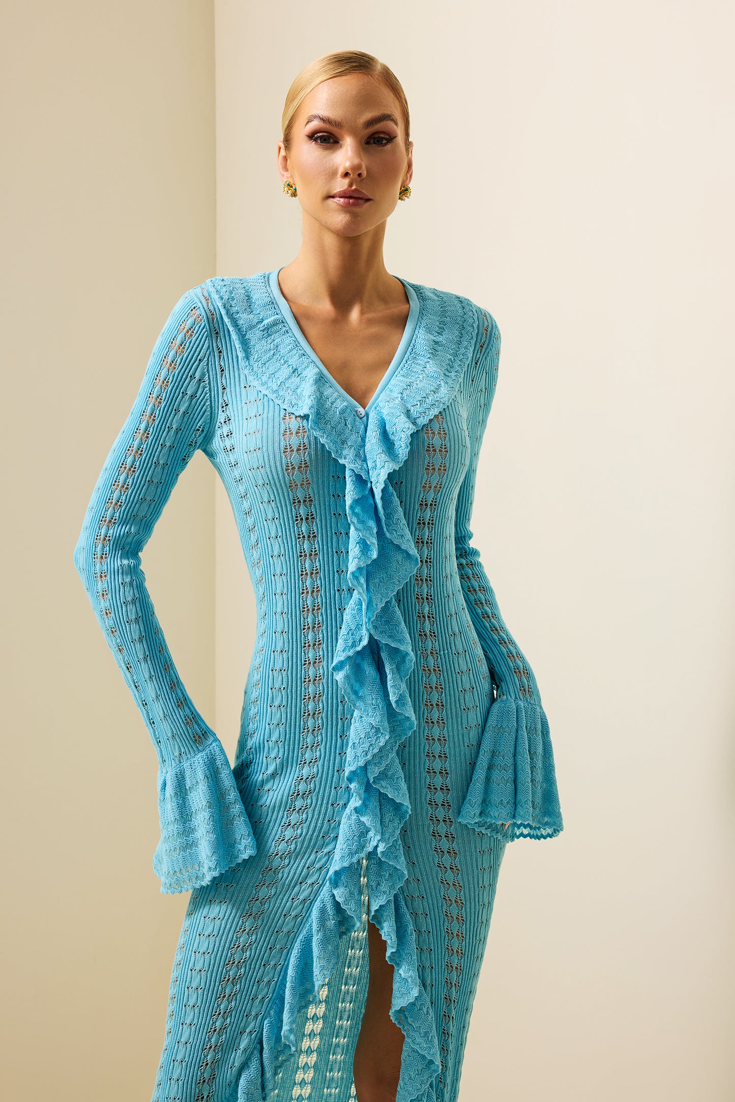 Knit Solid Frill Long Sleeve Midi Dress