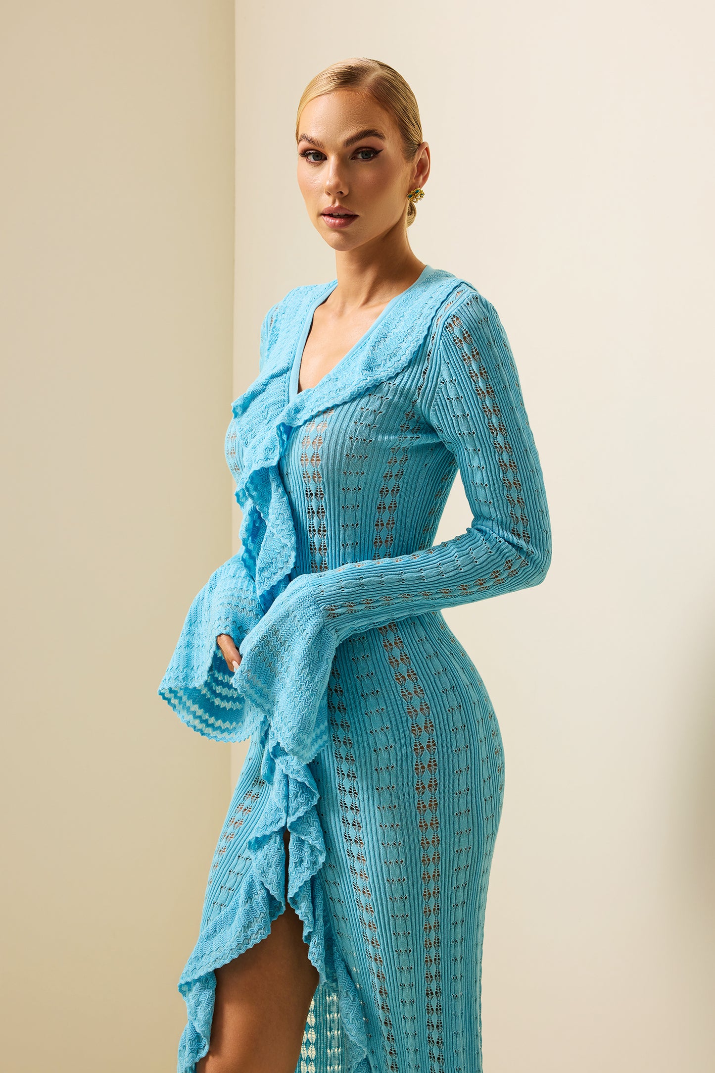 Knit Solid Frill Long Sleeve Midi Dress