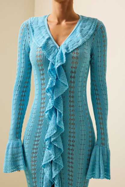 Knit Solid Frill Long Sleeve Midi Dress