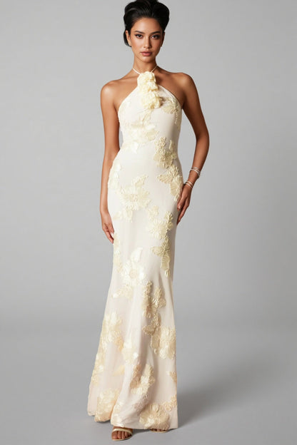 Jacova Flower Halter Embroidery Maxi Dress