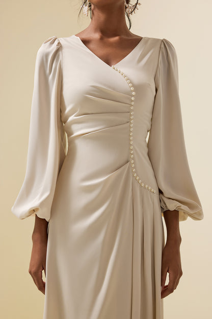 Faux Pearl Long Sleeve Midi Dress