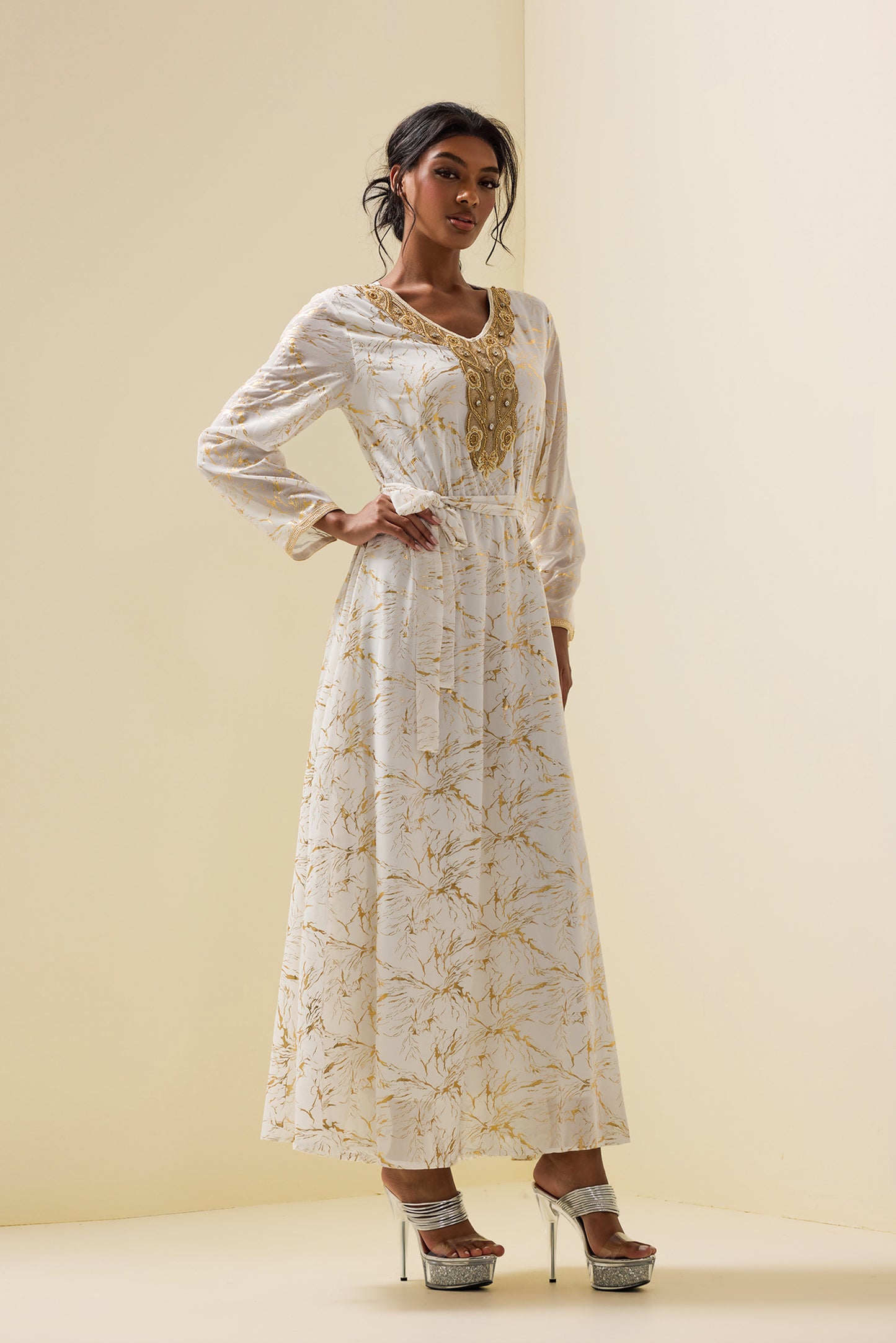 Abstract Print Gold Foil Stamping Midi Dress