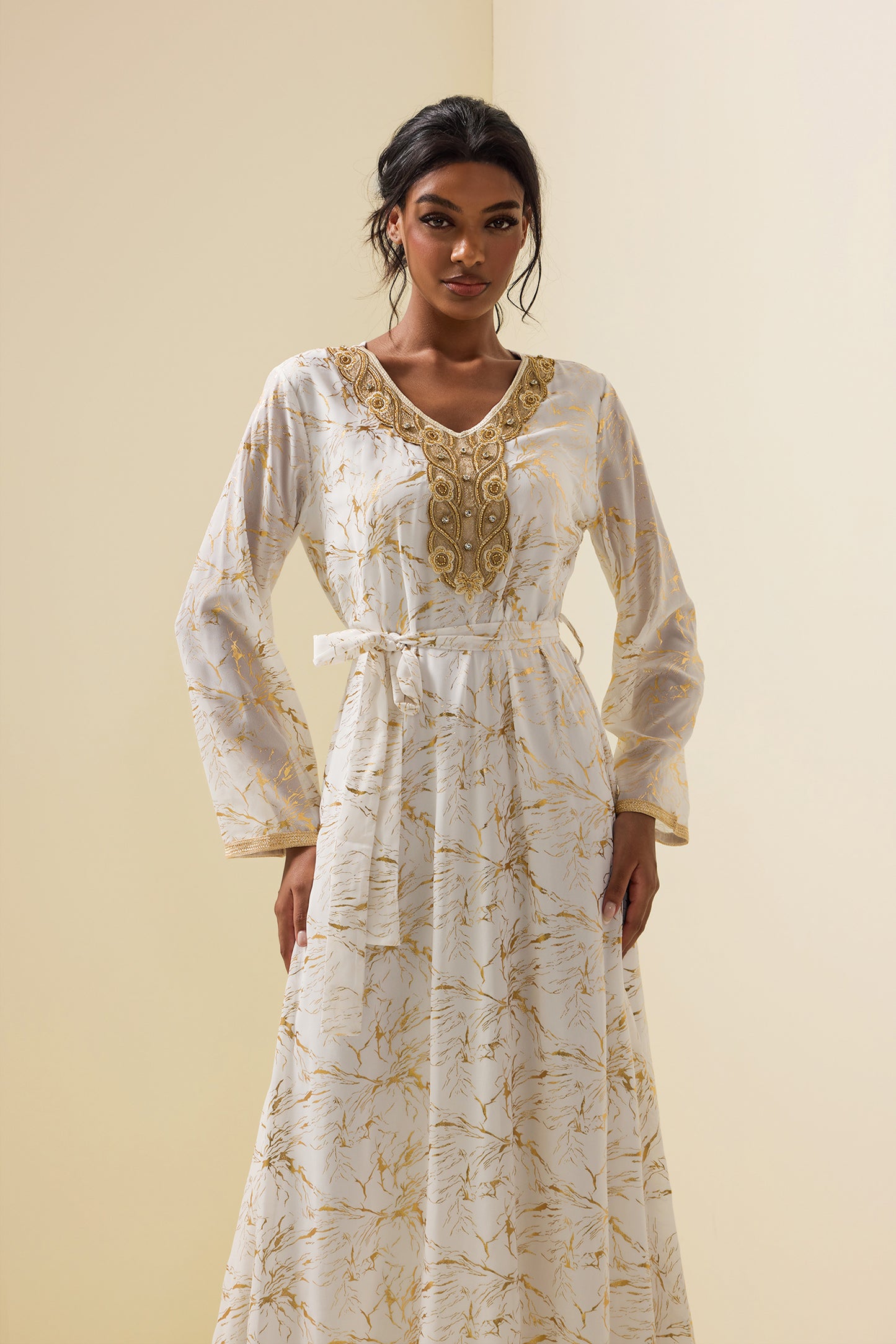 Abstract Print Gold Foil Stamping Midi Dress