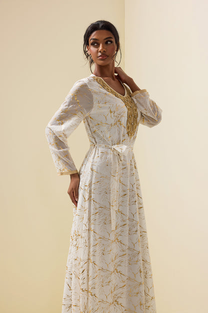 Abstract Print Gold Foil Stamping Midi Dress