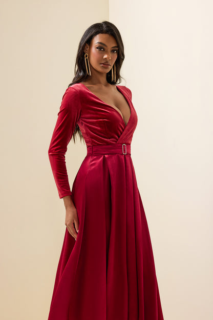 Solid Velvet Split Midi Dress