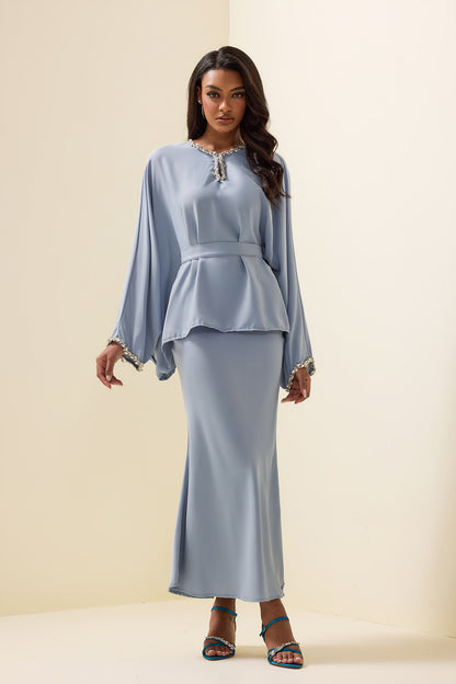 Rhinestone Solid Top ＆ High Waist Solid Midi Skirt Set