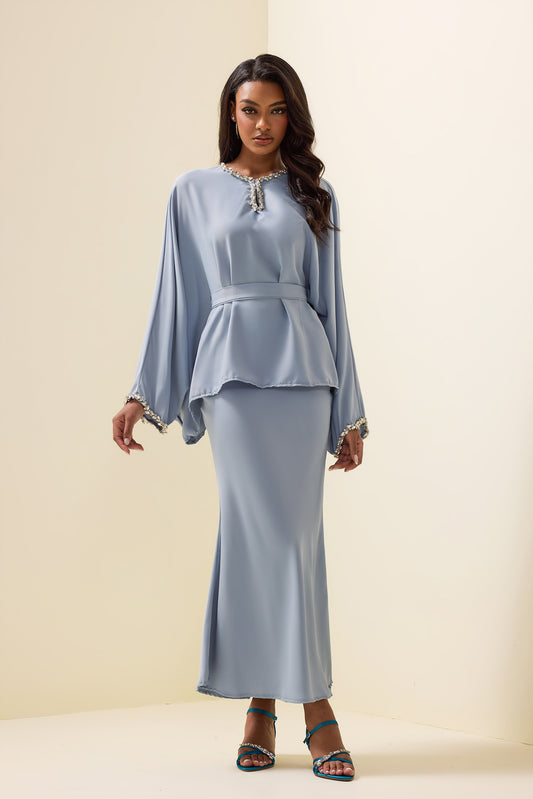 Rhinestone Solid Top ＆ High Waist Solid Midi Skirt Set