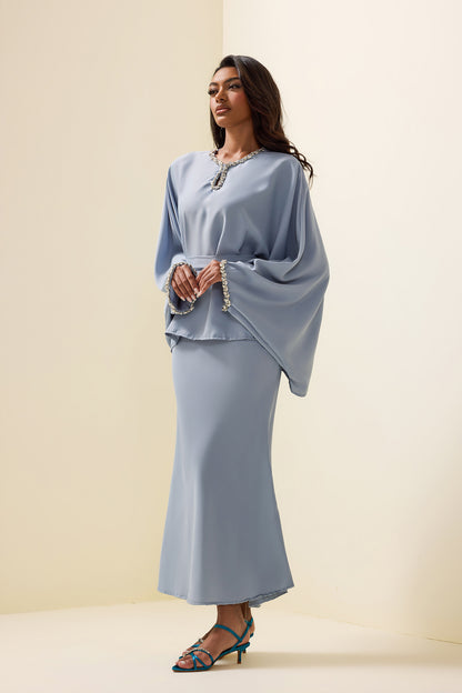 Rhinestone Solid Top ＆ High Waist Solid Midi Skirt Set