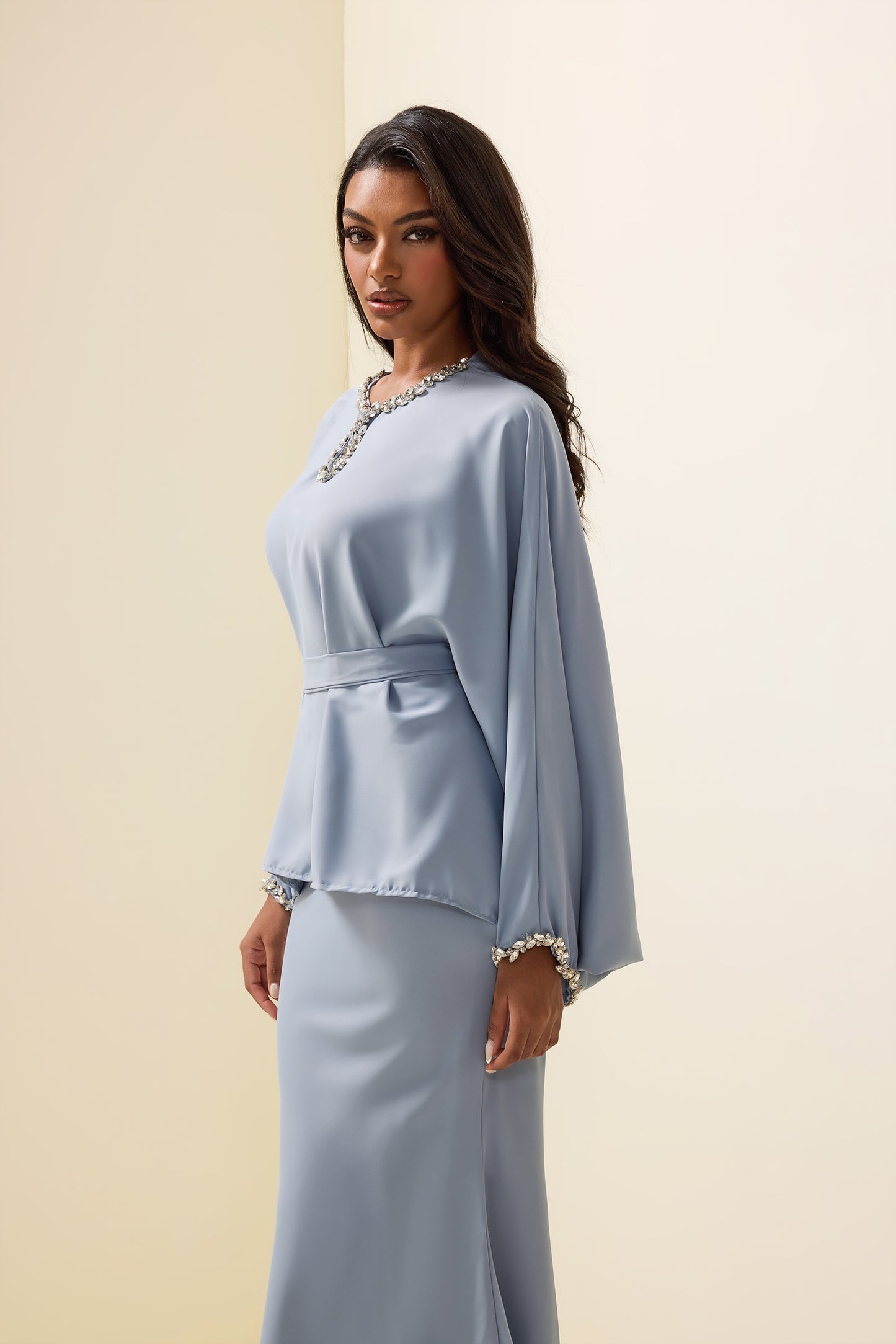 Rhinestone Solid Top ＆ High Waist Solid Midi Skirt Set