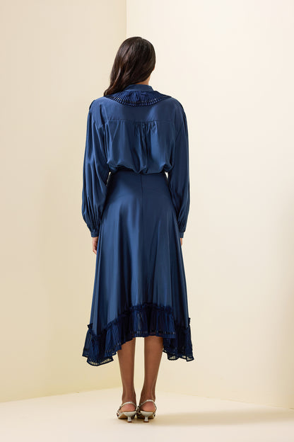 Solid Frill Bottom Top ＆ High Waist Pleated Midi Skirt Set