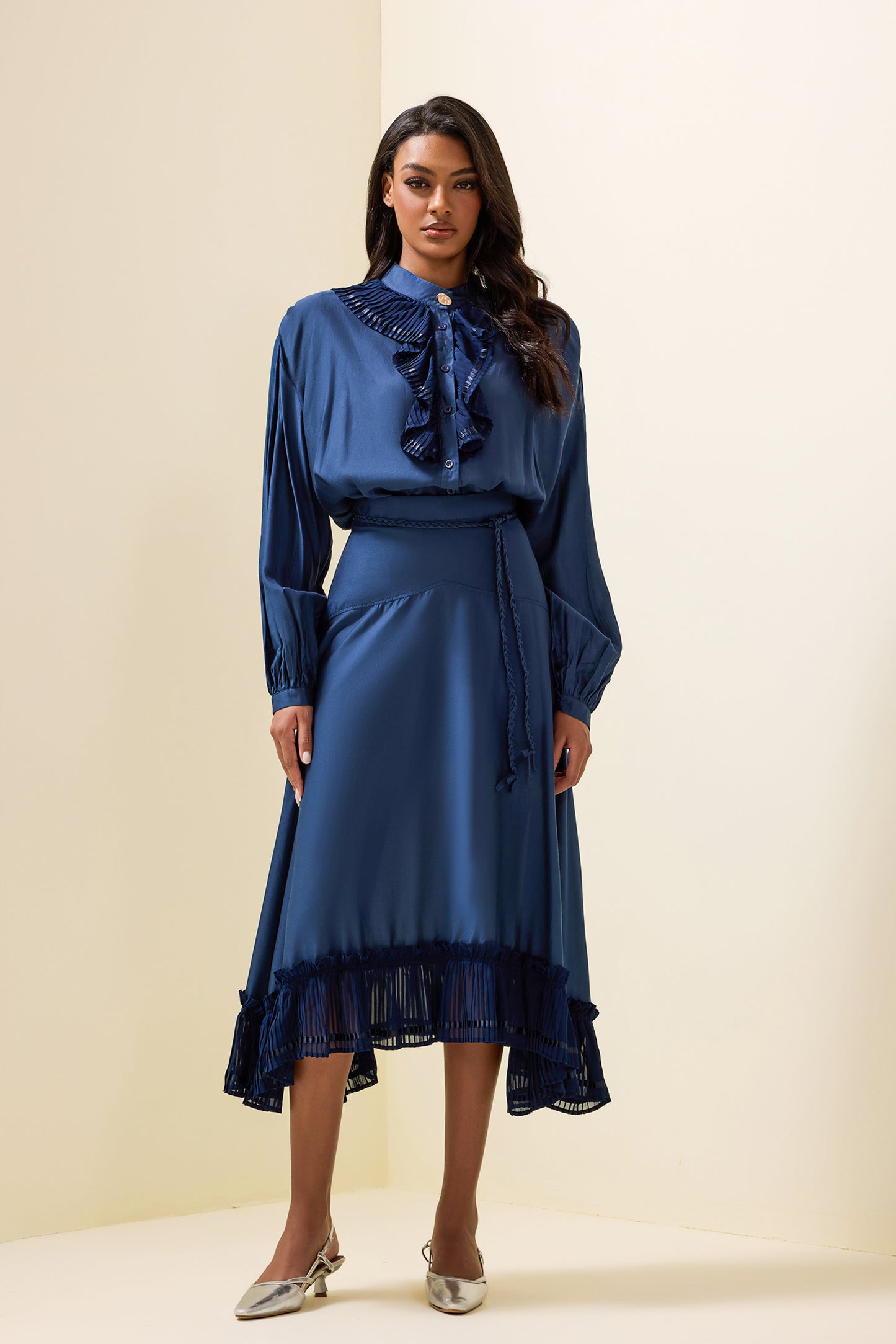 Solid Frill Bottom Top ＆ High Waist Pleated Midi Skirt Set