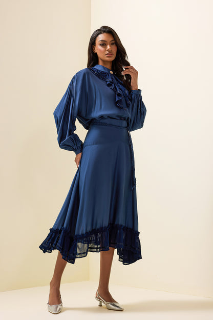 Solid Frill Bottom Top ＆ High Waist Pleated Midi Skirt Set