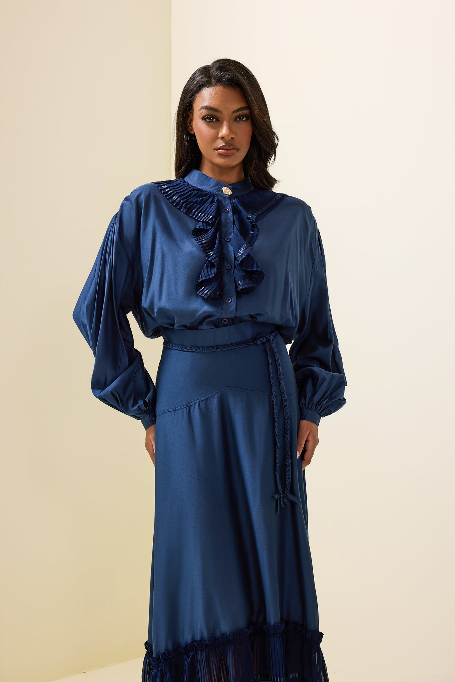 Solid Frill Bottom Top ＆ High Waist Pleated Midi Skirt Set