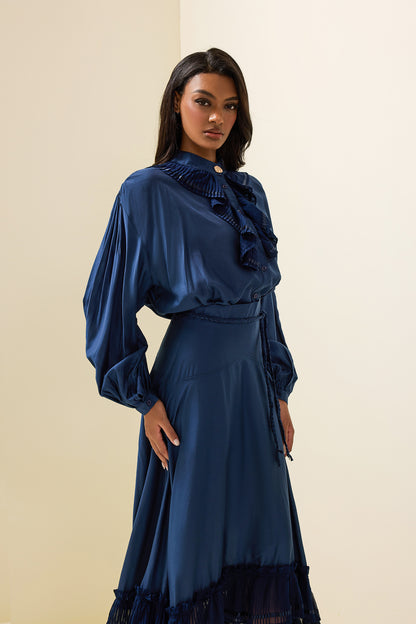 Solid Frill Bottom Top ＆ High Waist Pleated Midi Skirt Set