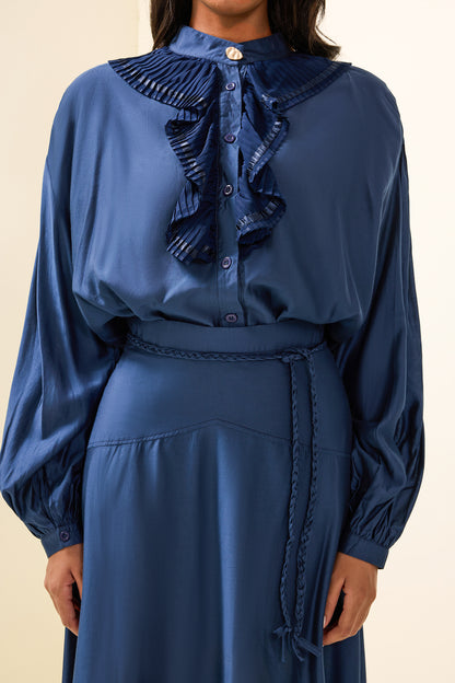 Solid Frill Bottom Top ＆ High Waist Pleated Midi Skirt Set