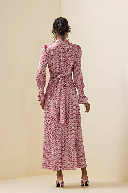 Floral Lace Up Long Sleeve Midi Dress