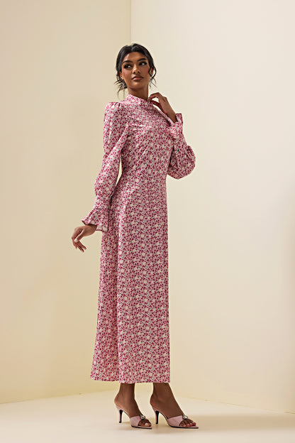 Floral Lace Up Long Sleeve Midi Dress
