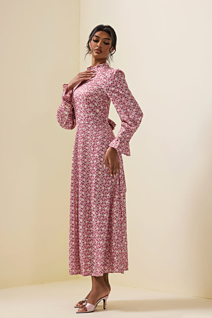 Floral Lace Up Long Sleeve Midi Dress