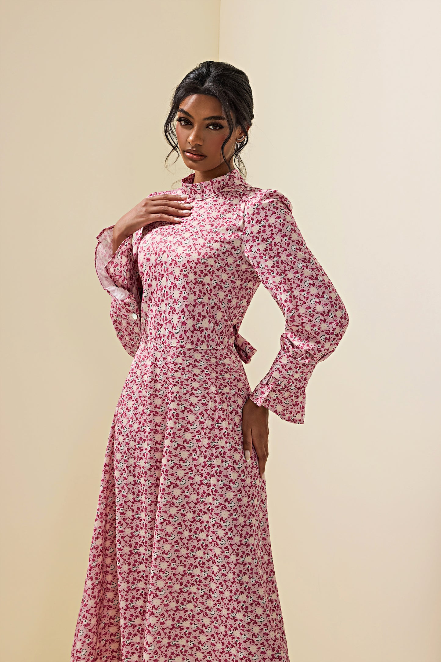 Floral Lace Up Long Sleeve Midi Dress