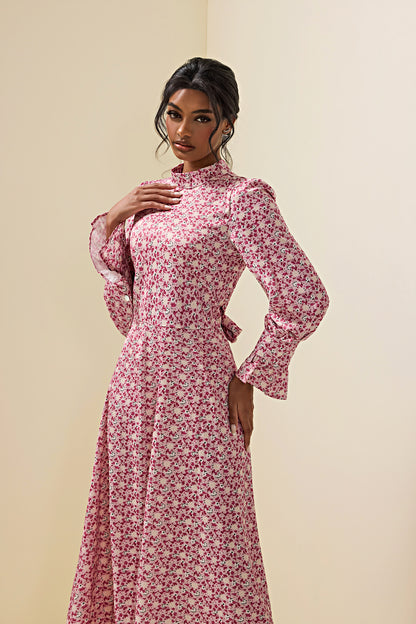 Floral Lace Up Long Sleeve Midi Dress