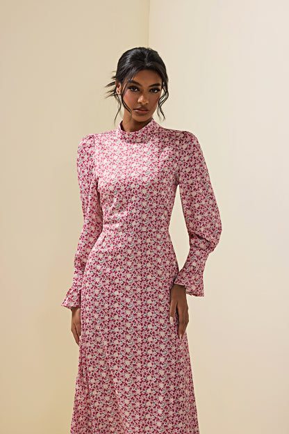 Floral Lace Up Long Sleeve Midi Dress