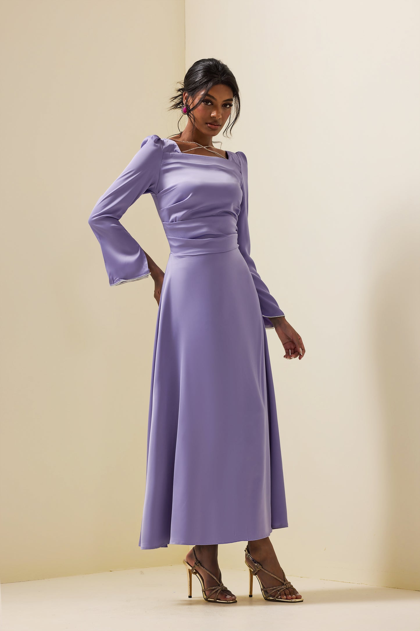 Solid Satin Rhinestone Maxi Dress