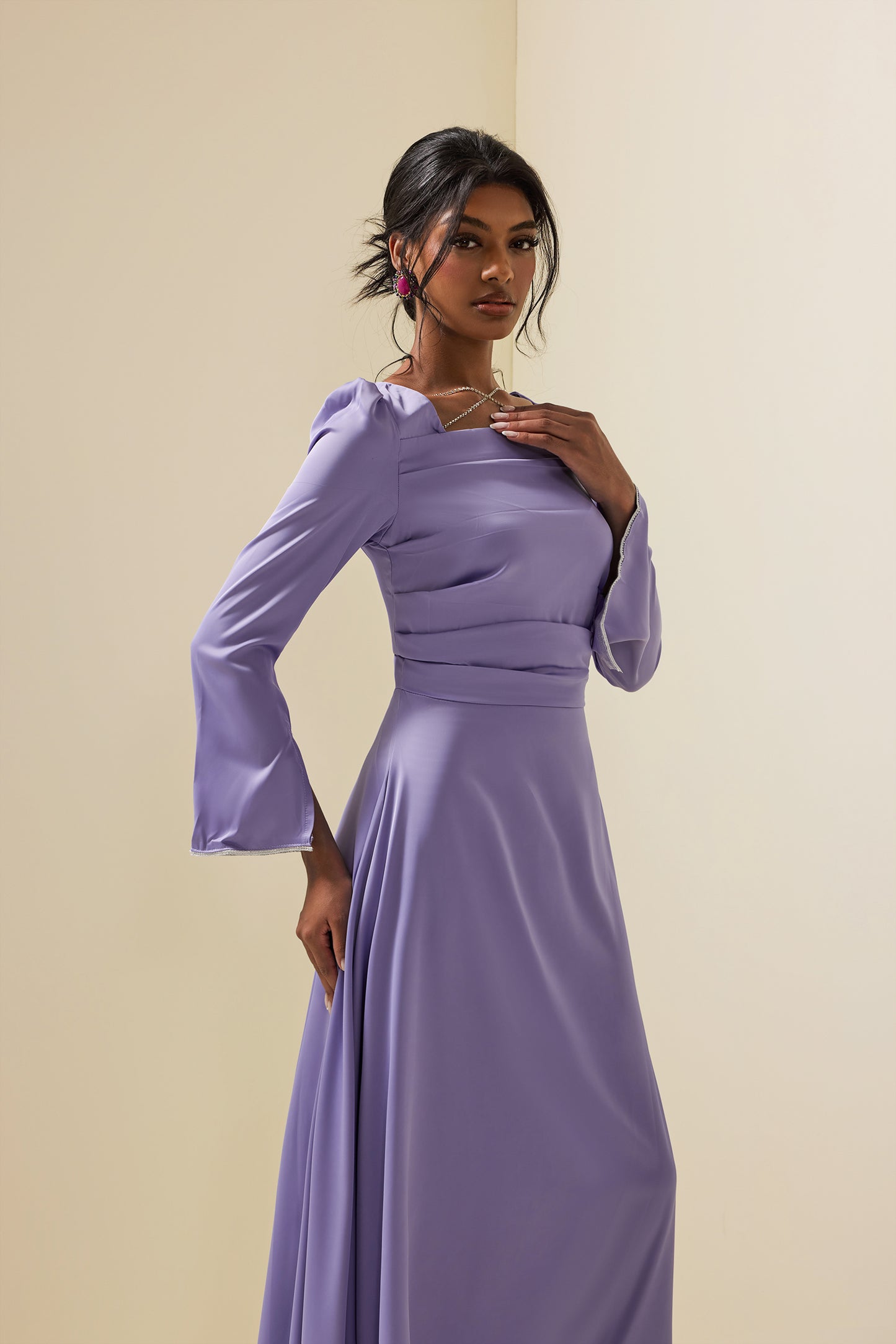 Solid Satin Rhinestone Maxi Dress