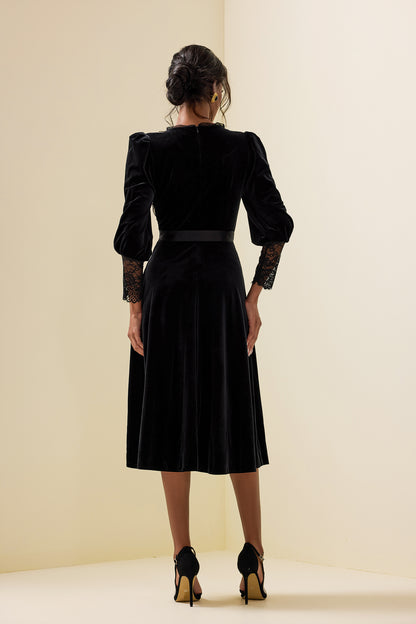 Solid Velvet Lace Long Sleeve Midi Dress