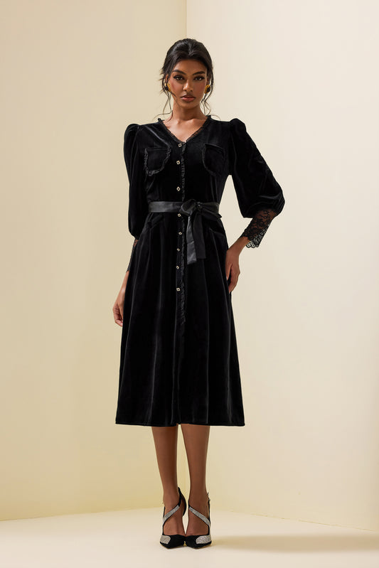 Solid Velvet Lace Long Sleeve Midi Dress