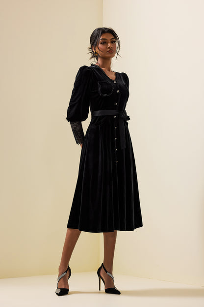 Solid Velvet Lace Long Sleeve Midi Dress