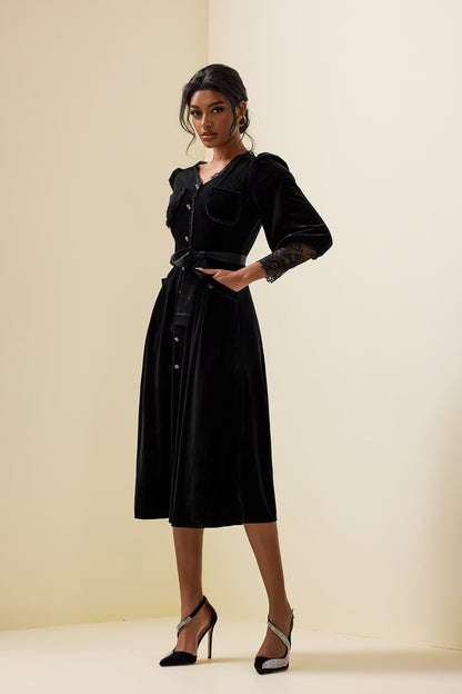 Solid Velvet Lace Long Sleeve Midi Dress